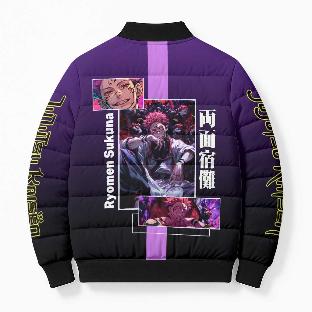 Ryomen Sukuna from Jujutsu Kaisen Bomber Puffer Jacket with Purple Background and Multiple Poses Design - The Mazicc