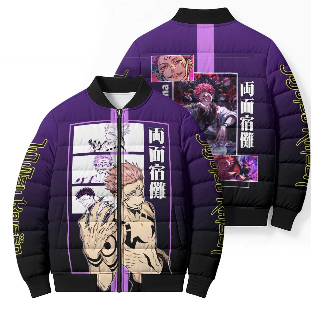 Ryomen Sukuna from Jujutsu Kaisen Bomber Puffer Jacket with Purple Background and Multiple Poses Design - The Mazicc