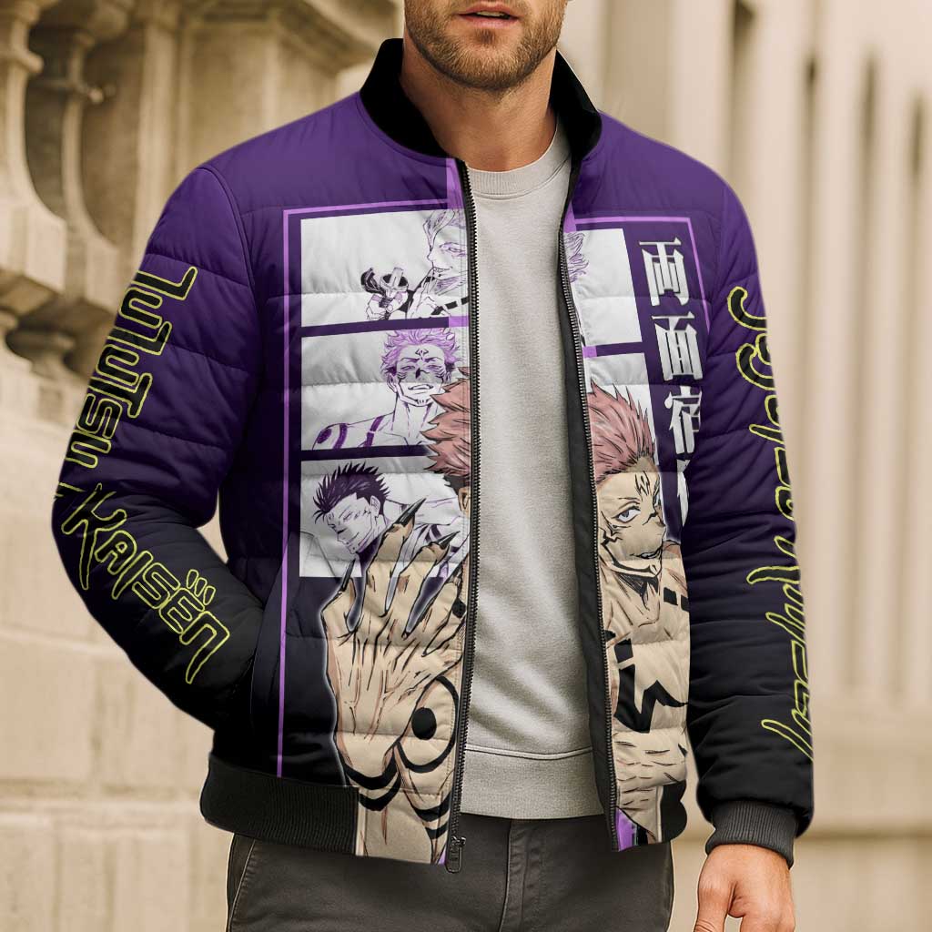 Ryomen Sukuna from Jujutsu Kaisen Bomber Puffer Jacket with Purple Background and Multiple Poses Design - The Mazicc
