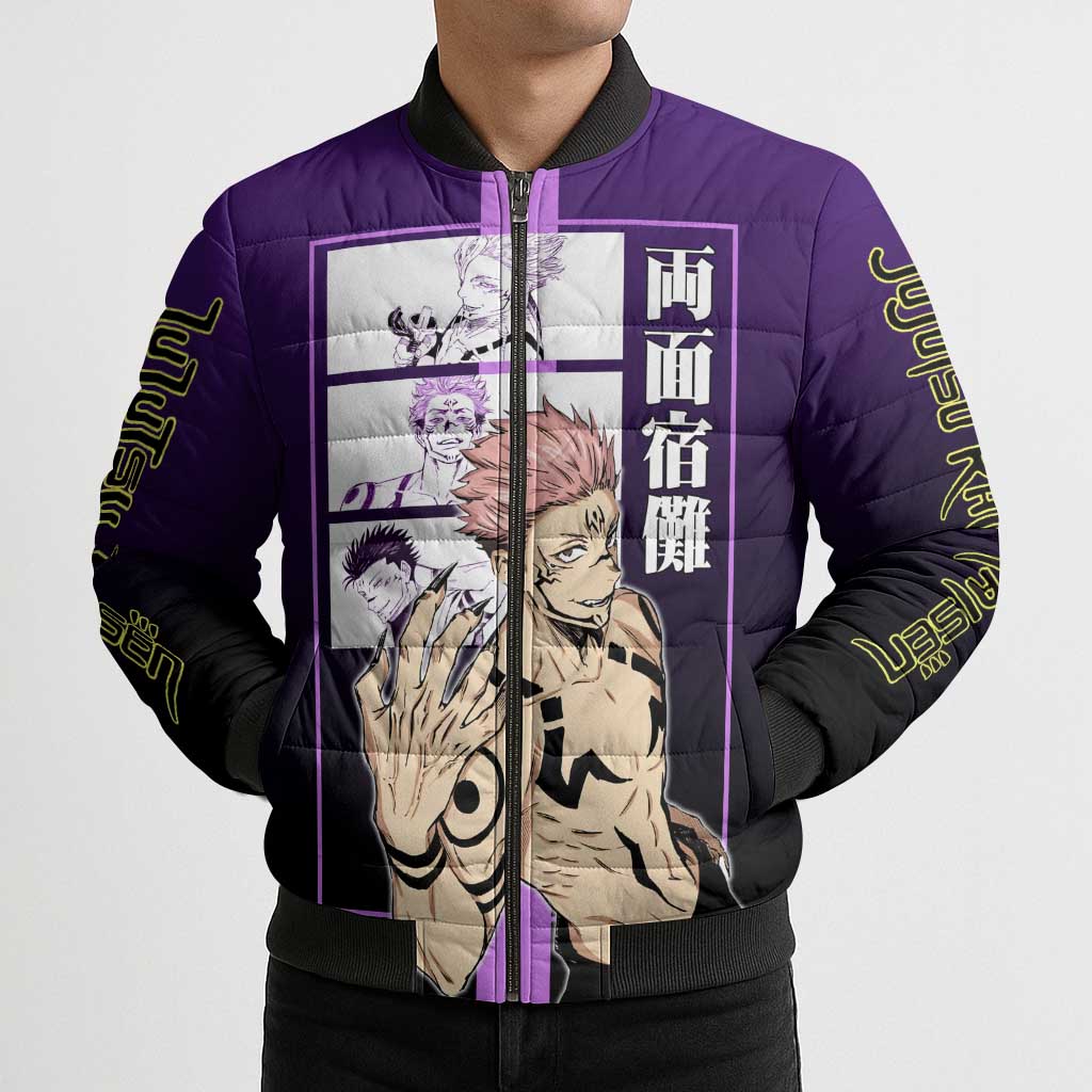 Ryomen Sukuna from Jujutsu Kaisen Bomber Puffer Jacket with Purple Background and Multiple Poses Design - The Mazicc