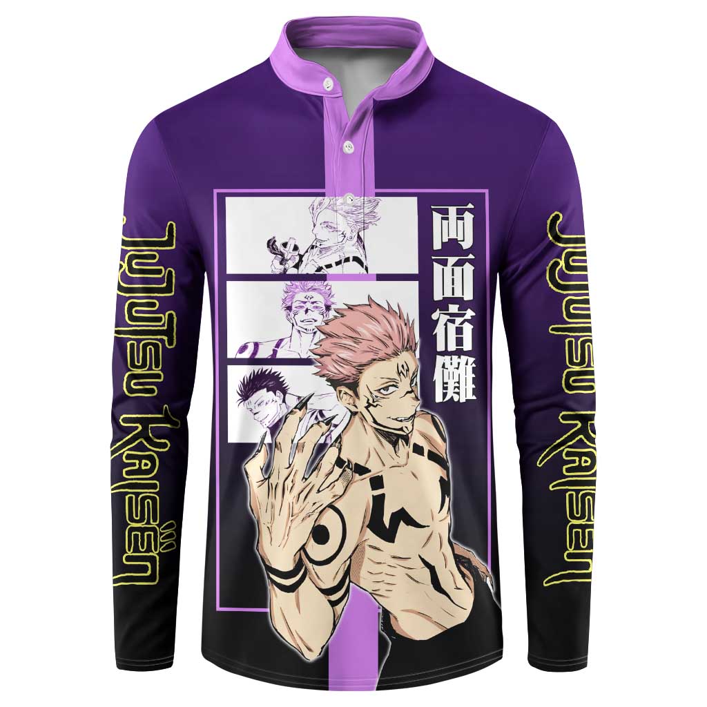 Ryomen Sukuna from Jujutsu Kaisen Button Sweatshirt with Purple Background and Multiple Poses Design - The Mazicc