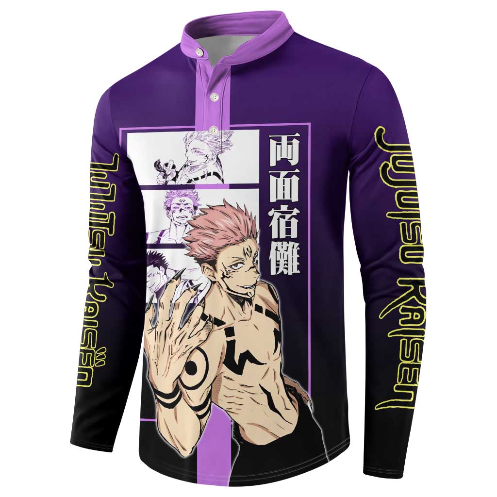 Ryomen Sukuna from Jujutsu Kaisen Button Sweatshirt with Purple Background and Multiple Poses Design - The Mazicc