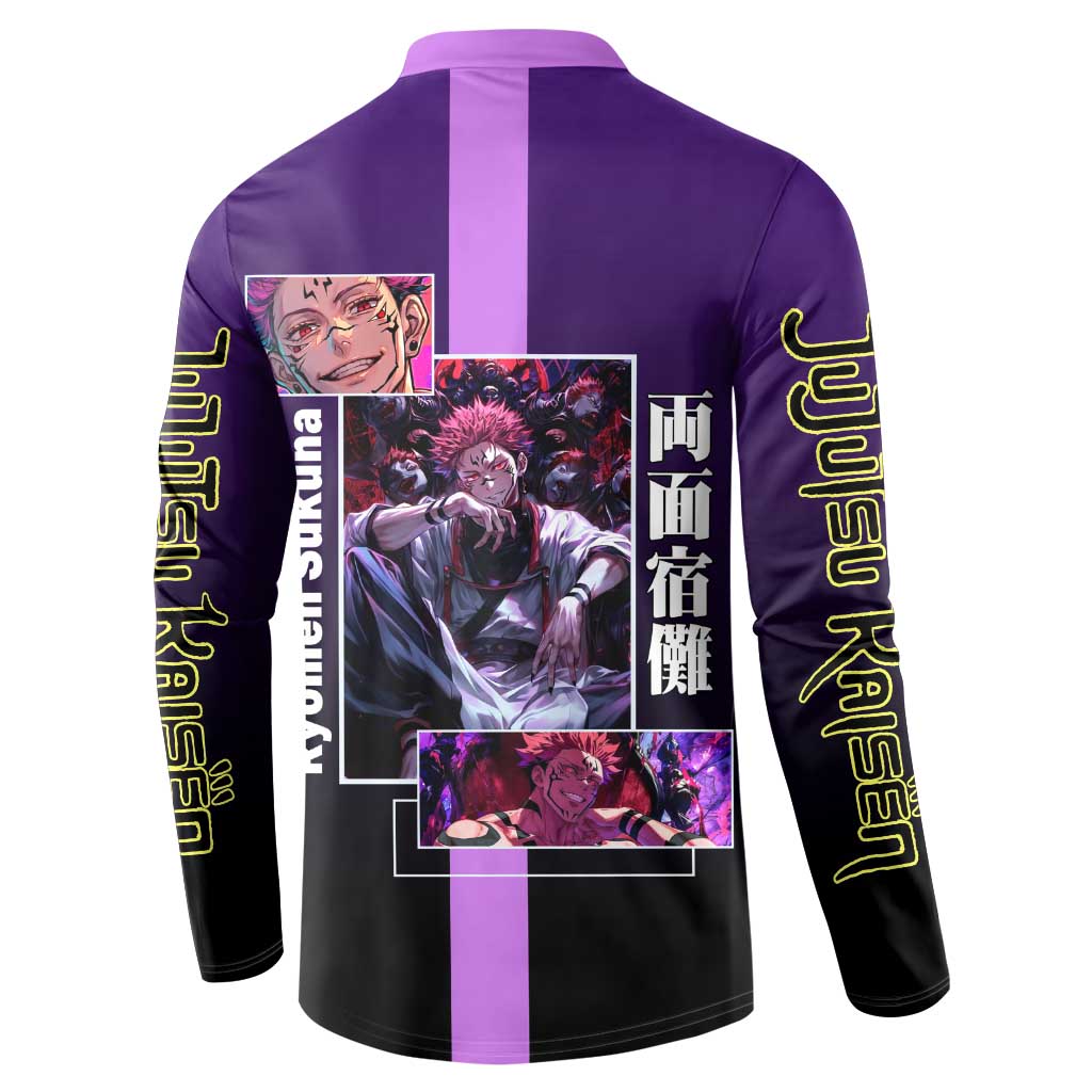 Ryomen Sukuna from Jujutsu Kaisen Button Sweatshirt with Purple Background and Multiple Poses Design - The Mazicc