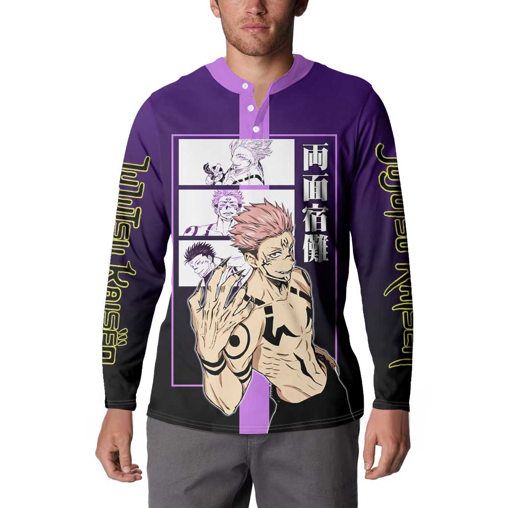 Ryomen Sukuna from Jujutsu Kaisen Button Sweatshirt with Purple Background and Multiple Poses Design - The Mazicc
