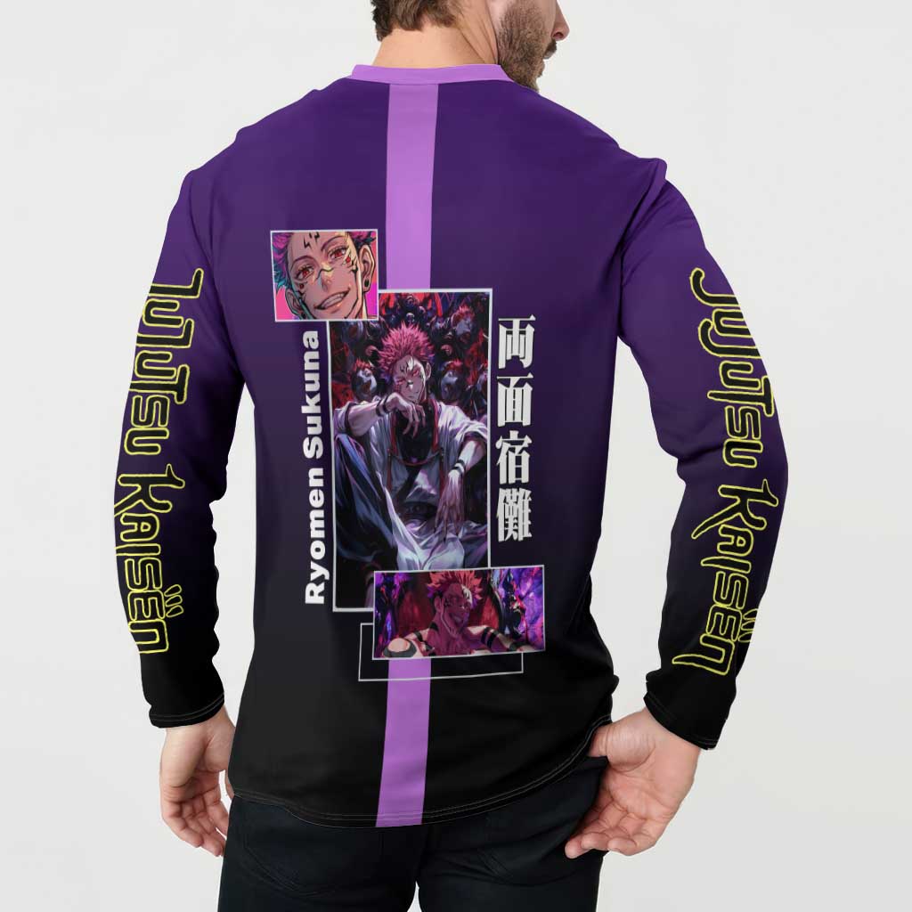 Ryomen Sukuna from Jujutsu Kaisen Button Sweatshirt with Purple Background and Multiple Poses Design - The Mazicc