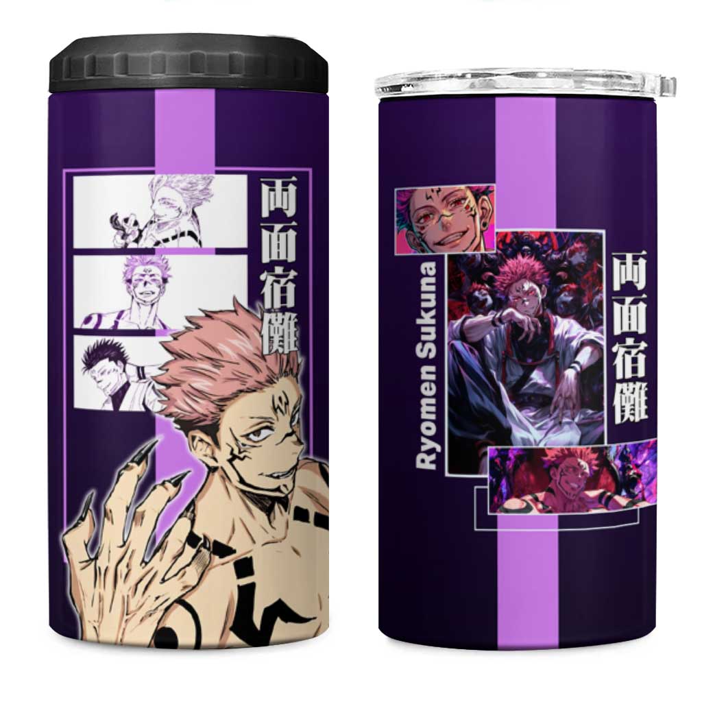 Ryomen Sukuna from Jujutsu Kaisen 4 in 1 Can Cooler Tumbler with Purple Background and Multiple Poses Design - The Mazicc