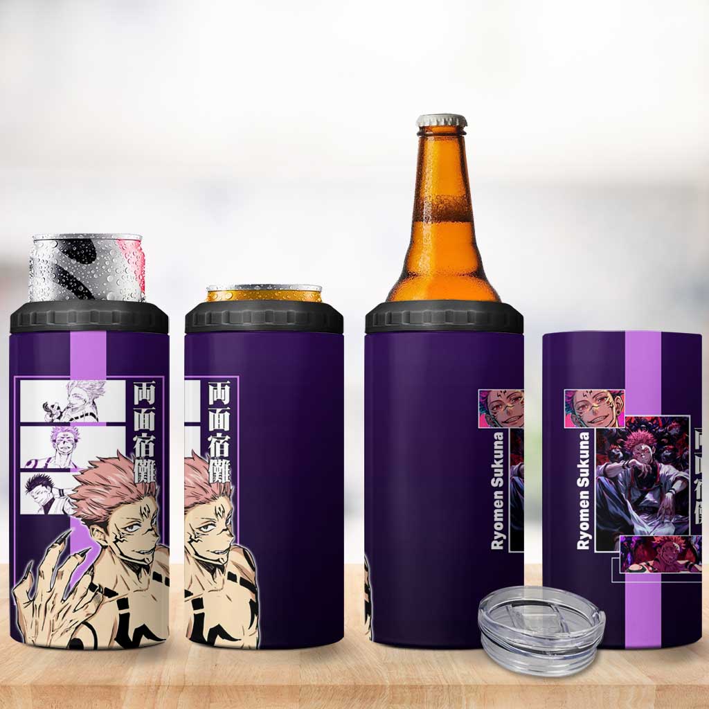 Ryomen Sukuna from Jujutsu Kaisen 4 in 1 Can Cooler Tumbler with Purple Background and Multiple Poses Design - The Mazicc