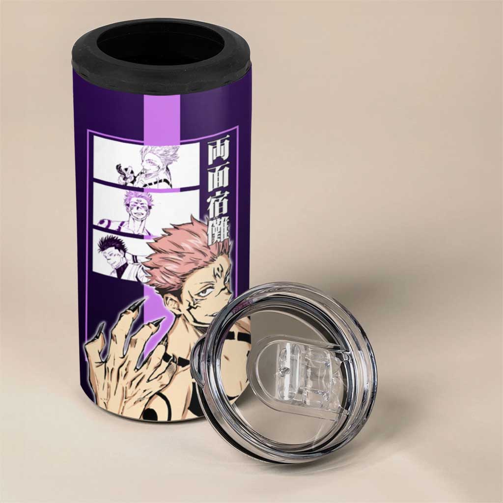 Ryomen Sukuna from Jujutsu Kaisen 4 in 1 Can Cooler Tumbler with Purple Background and Multiple Poses Design - The Mazicc