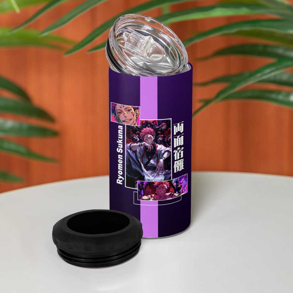 Ryomen Sukuna from Jujutsu Kaisen 4 in 1 Can Cooler Tumbler with Purple Background and Multiple Poses Design - The Mazicc