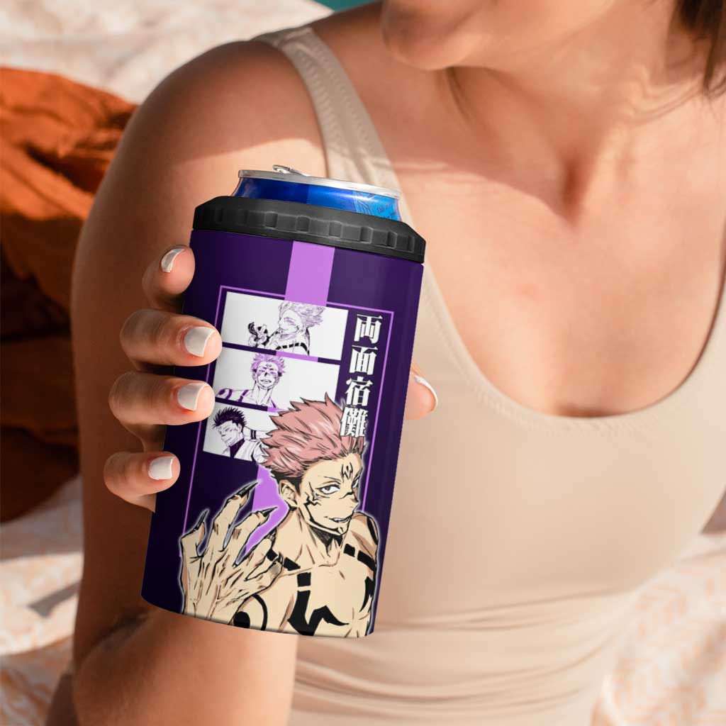 Ryomen Sukuna from Jujutsu Kaisen 4 in 1 Can Cooler Tumbler with Purple Background and Multiple Poses Design - The Mazicc