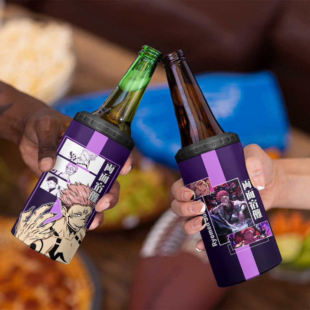 Ryomen Sukuna from Jujutsu Kaisen 4 in 1 Can Cooler Tumbler with Purple Background and Multiple Poses Design - The Mazicc
