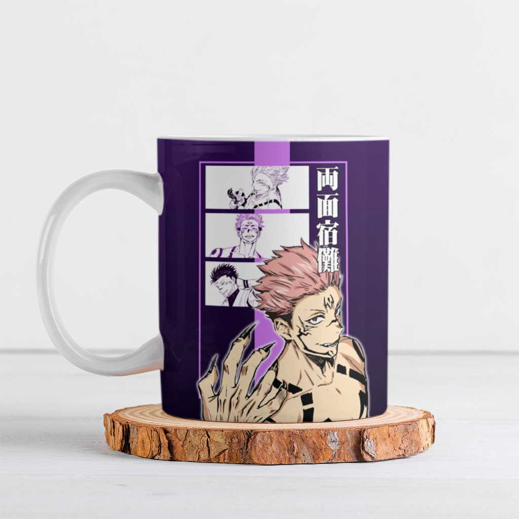 Ryomen Sukuna from Jujutsu Kaisen Ceramic Mug with Purple Background and Multiple Poses Design - The Mazicc