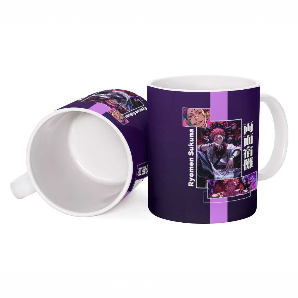 Ryomen Sukuna from Jujutsu Kaisen Ceramic Mug with Purple Background and Multiple Poses Design - The Mazicc