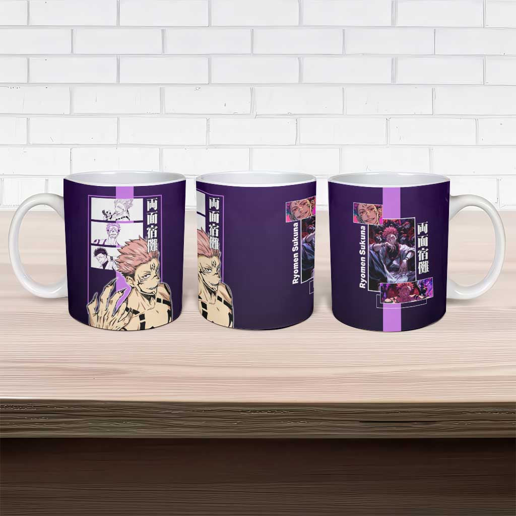 Ryomen Sukuna from Jujutsu Kaisen Ceramic Mug with Purple Background and Multiple Poses Design - The Mazicc