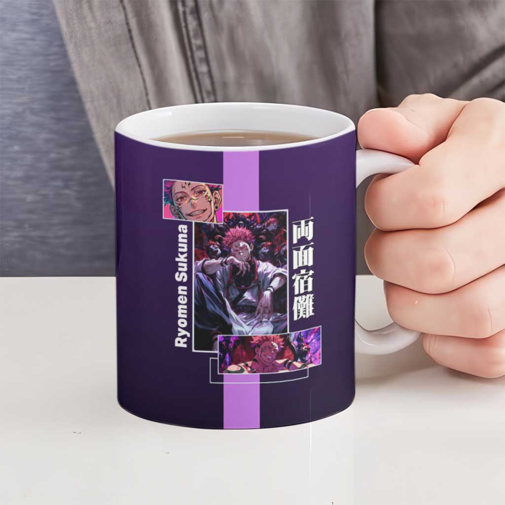 Ryomen Sukuna from Jujutsu Kaisen Ceramic Mug with Purple Background and Multiple Poses Design - The Mazicc