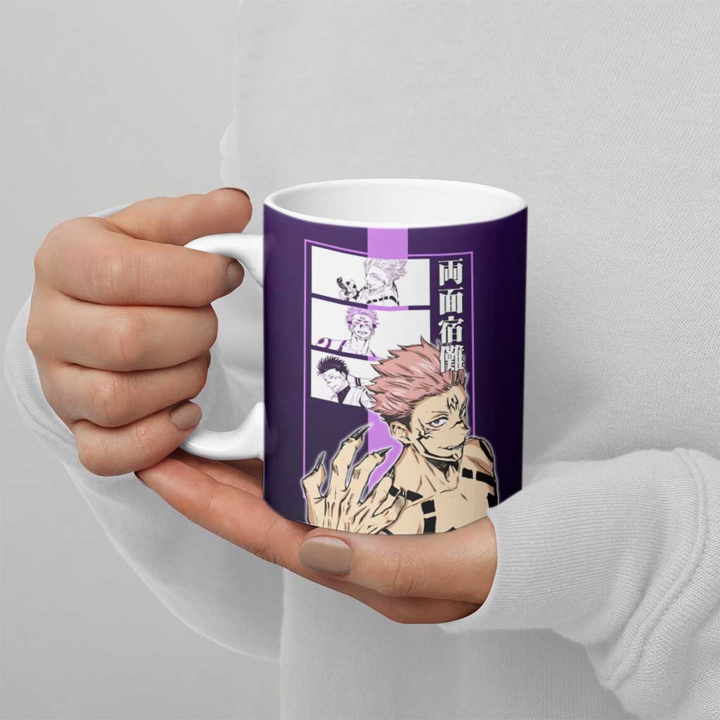 Ryomen Sukuna from Jujutsu Kaisen Ceramic Mug with Purple Background and Multiple Poses Design - The Mazicc