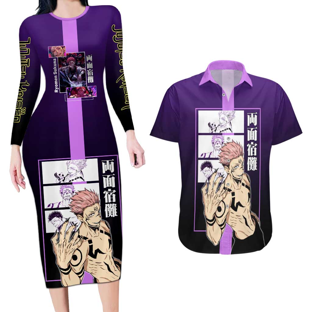 Ryomen Sukuna from Jujutsu Kaisen Couples Matching Long Sleeve Bodycon Dress and Hawaiian Shirt with Purple Background and Multiple Poses Design - The Mazicc