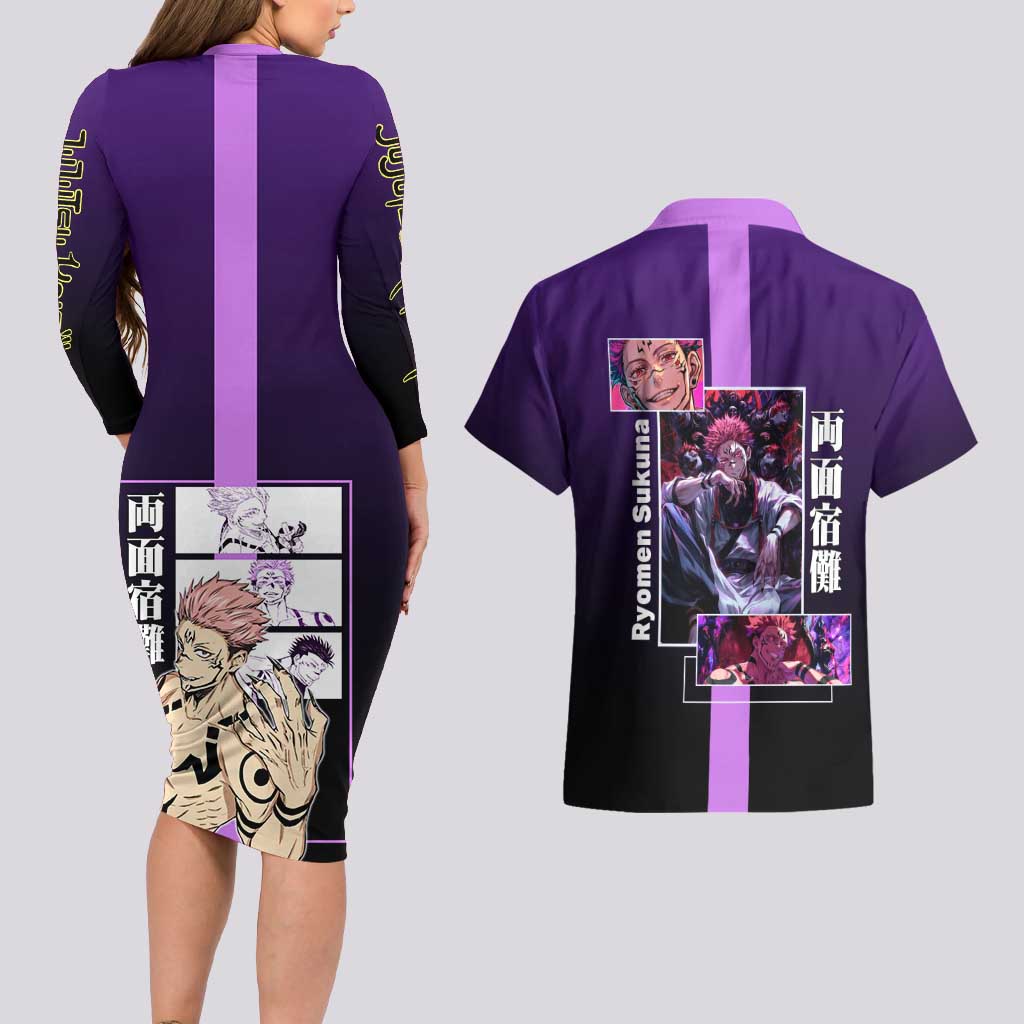 Ryomen Sukuna from Jujutsu Kaisen Couples Matching Long Sleeve Bodycon Dress and Hawaiian Shirt with Purple Background and Multiple Poses Design - The Mazicc