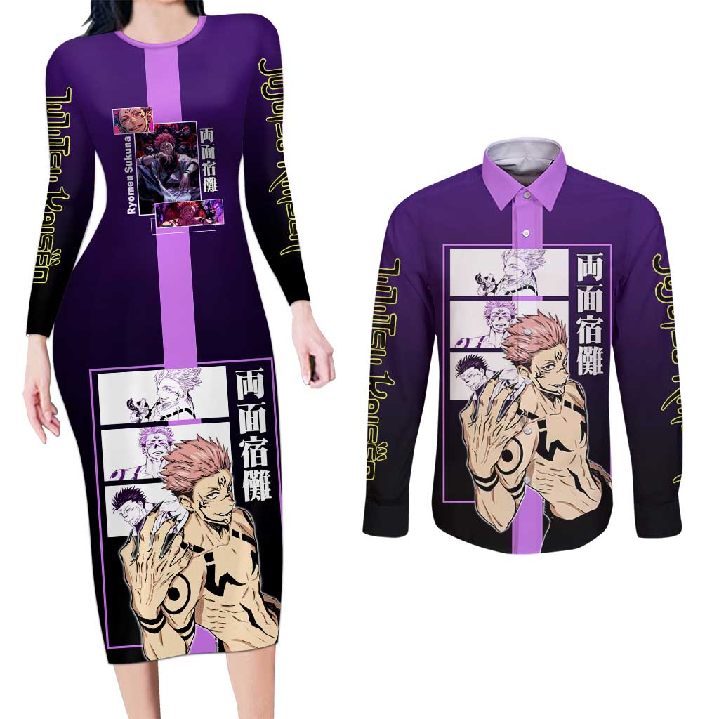 Ryomen Sukuna from Jujutsu Kaisen Couples Matching Long Sleeve Bodycon Dress and Long Sleeve Button Shirt with Purple Background and Multiple Poses Design - The Mazicc