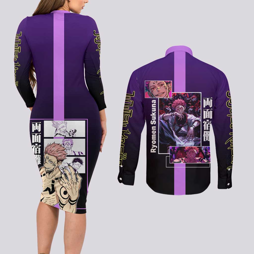 Ryomen Sukuna from Jujutsu Kaisen Couples Matching Long Sleeve Bodycon Dress and Long Sleeve Button Shirt with Purple Background and Multiple Poses Design - The Mazicc