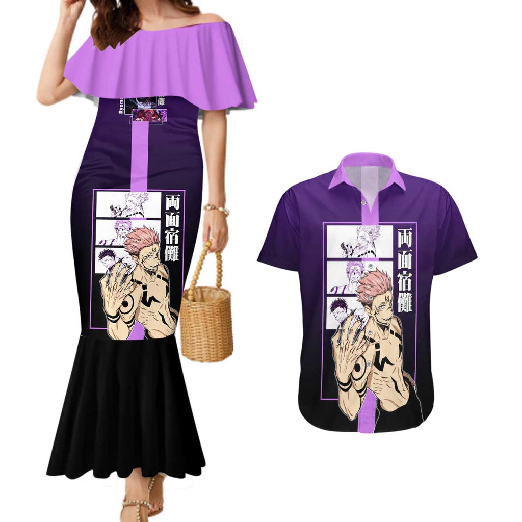 Ryomen Sukuna from Jujutsu Kaisen Couples Matching Mermaid Dress and Hawaiian Shirt with Purple Background and Multiple Poses Design - The Mazicc