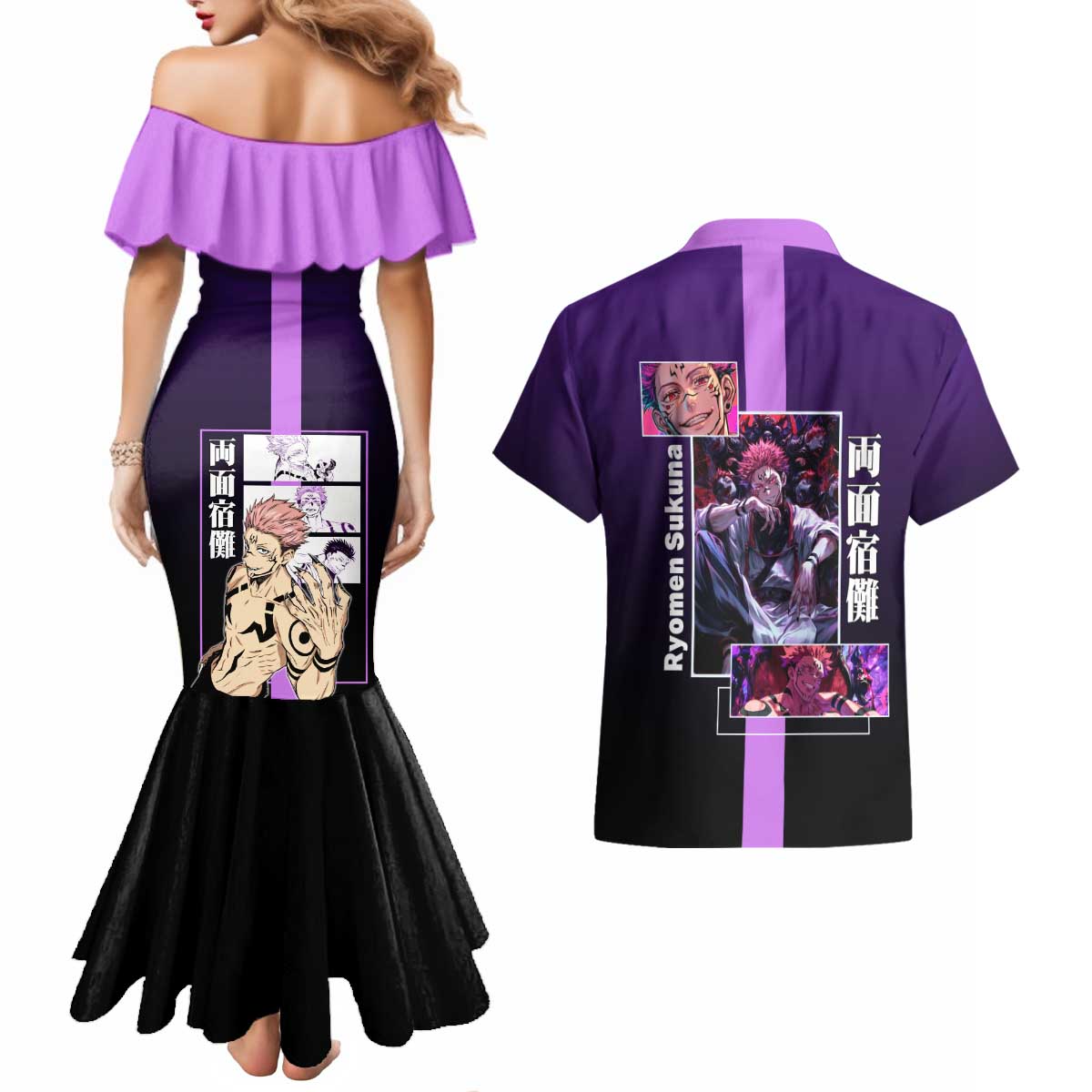 Ryomen Sukuna from Jujutsu Kaisen Couples Matching Mermaid Dress and Hawaiian Shirt with Purple Background and Multiple Poses Design - The Mazicc
