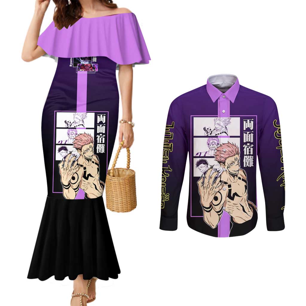 Ryomen Sukuna from Jujutsu Kaisen Couples Matching Mermaid Dress and Long Sleeve Button Shirt with Purple Background and Multiple Poses Design - The Mazicc