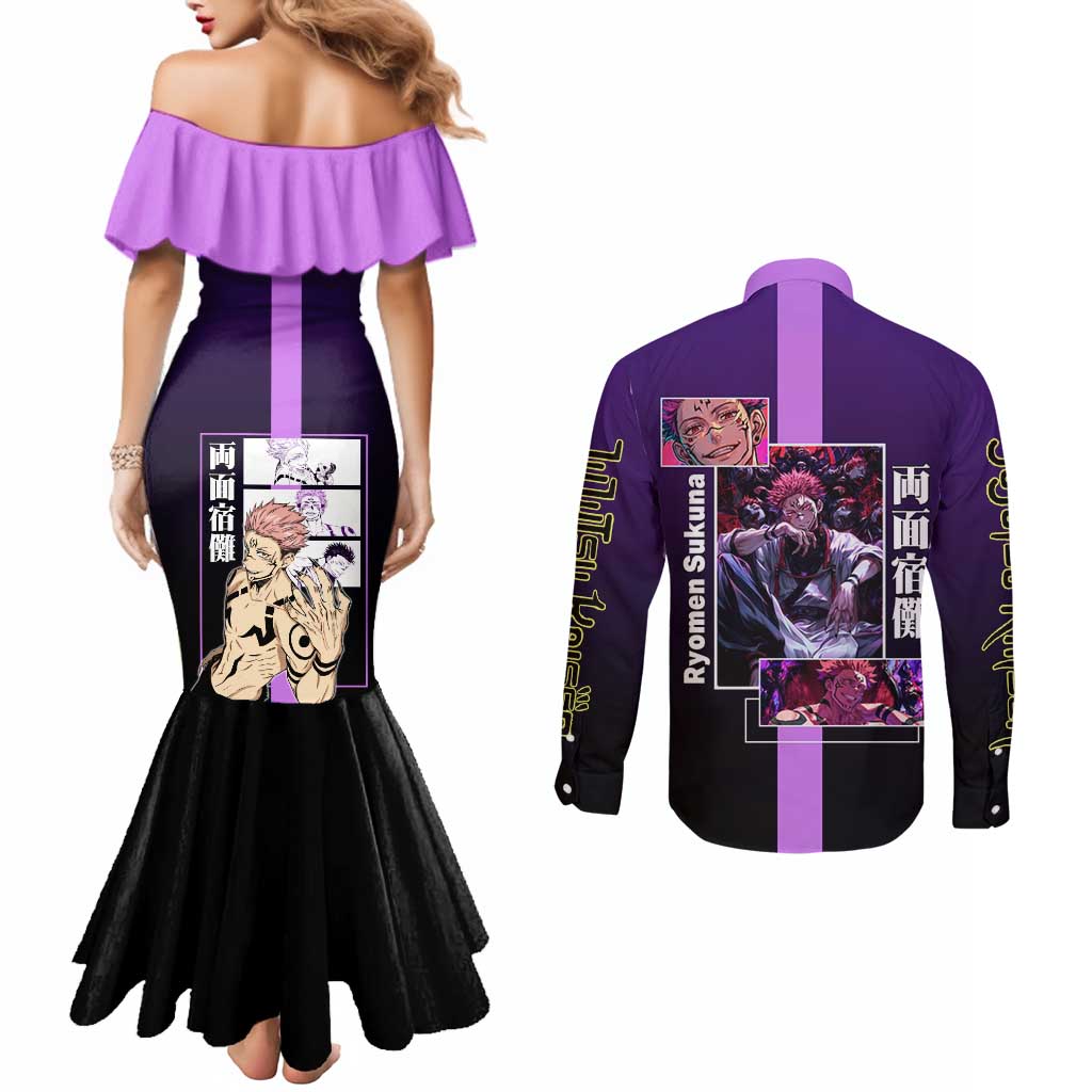 Ryomen Sukuna from Jujutsu Kaisen Couples Matching Mermaid Dress and Long Sleeve Button Shirt with Purple Background and Multiple Poses Design - The Mazicc