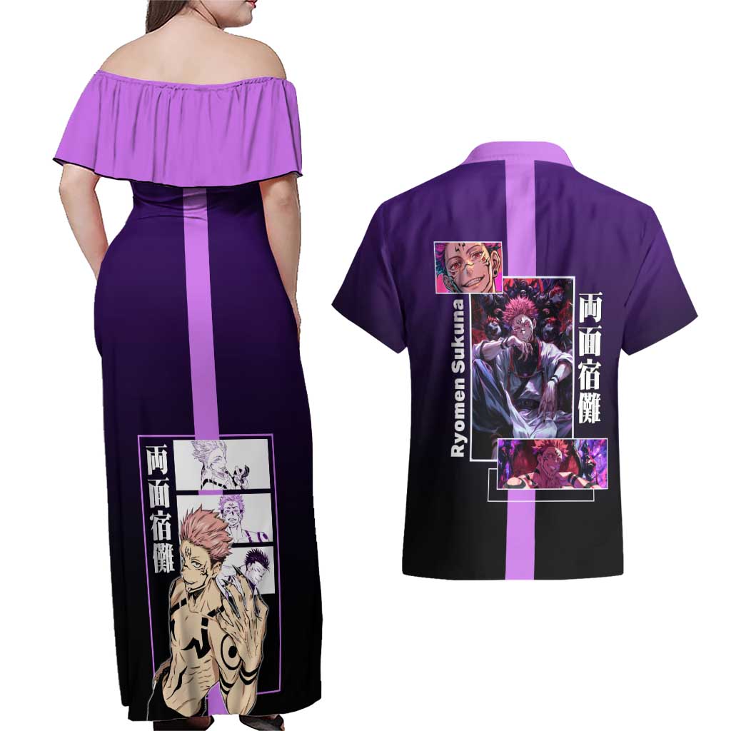 Ryomen Sukuna from Jujutsu Kaisen Couples Matching Off Shoulder Maxi Dress and Hawaiian Shirt with Purple Background and Multiple Poses Design - The Mazicc