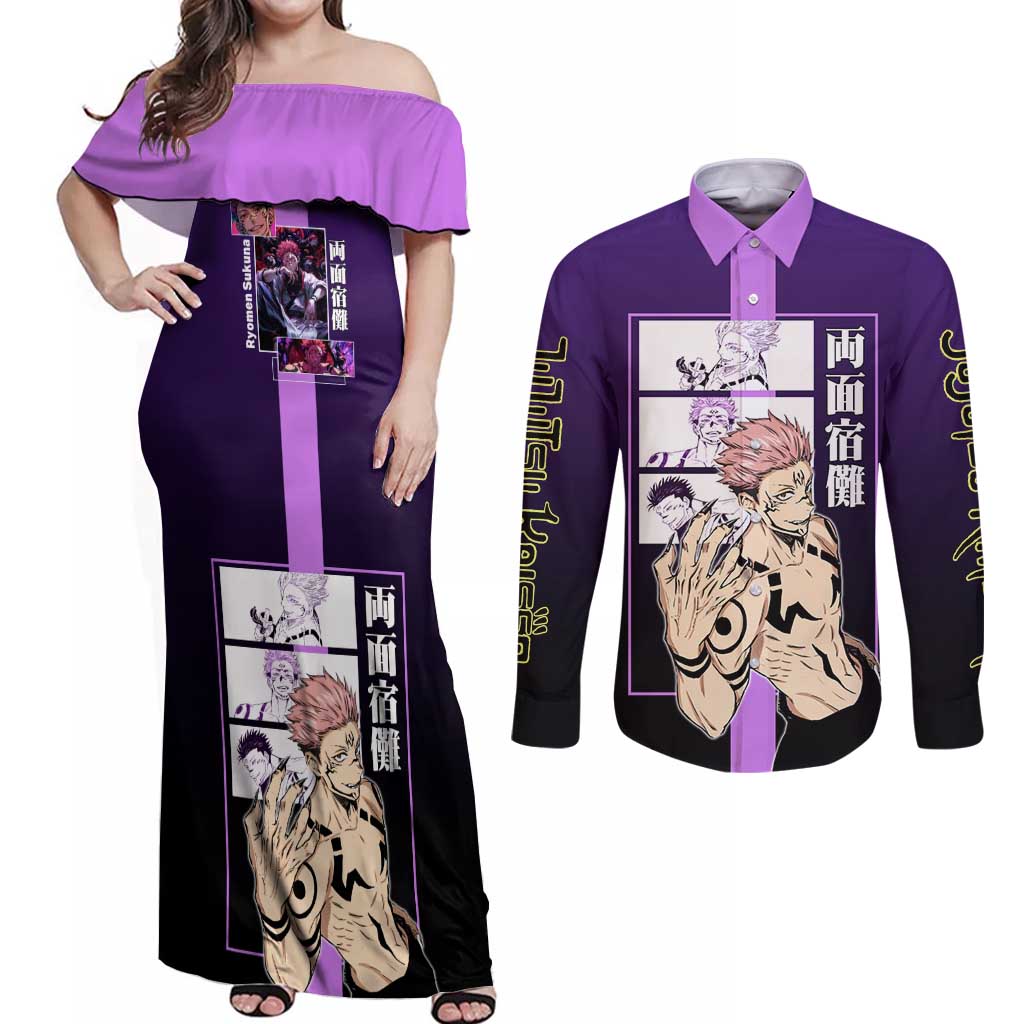 Ryomen Sukuna from Jujutsu Kaisen Couples Matching Off Shoulder Maxi Dress and Long Sleeve Button Shirt with Purple Background and Multiple Poses Design - The Mazicc