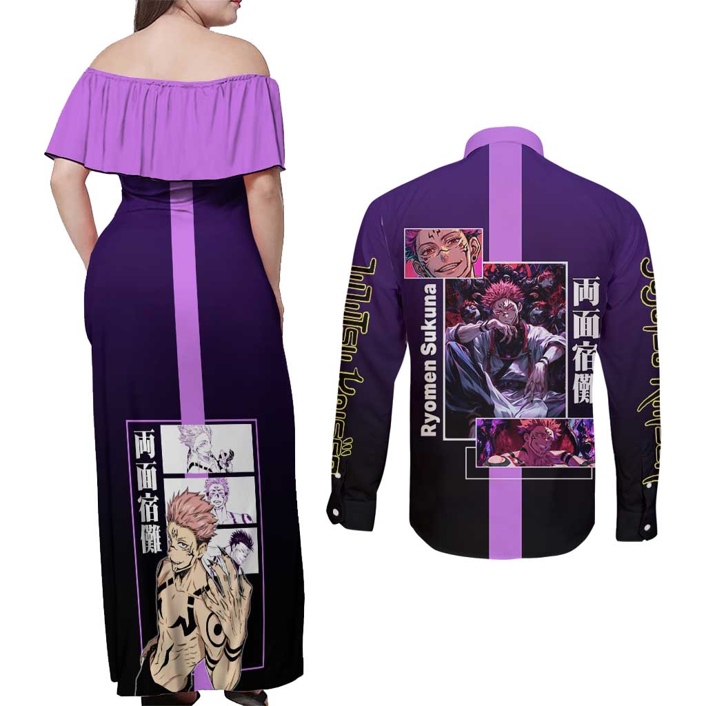 Ryomen Sukuna from Jujutsu Kaisen Couples Matching Off Shoulder Maxi Dress and Long Sleeve Button Shirt with Purple Background and Multiple Poses Design - The Mazicc