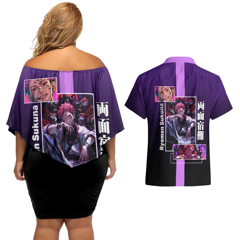 Ryomen Sukuna from Jujutsu Kaisen Couples Matching Off Shoulder Short Dress and Hawaiian Shirt with Purple Background and Multiple Poses Design - The Mazicc