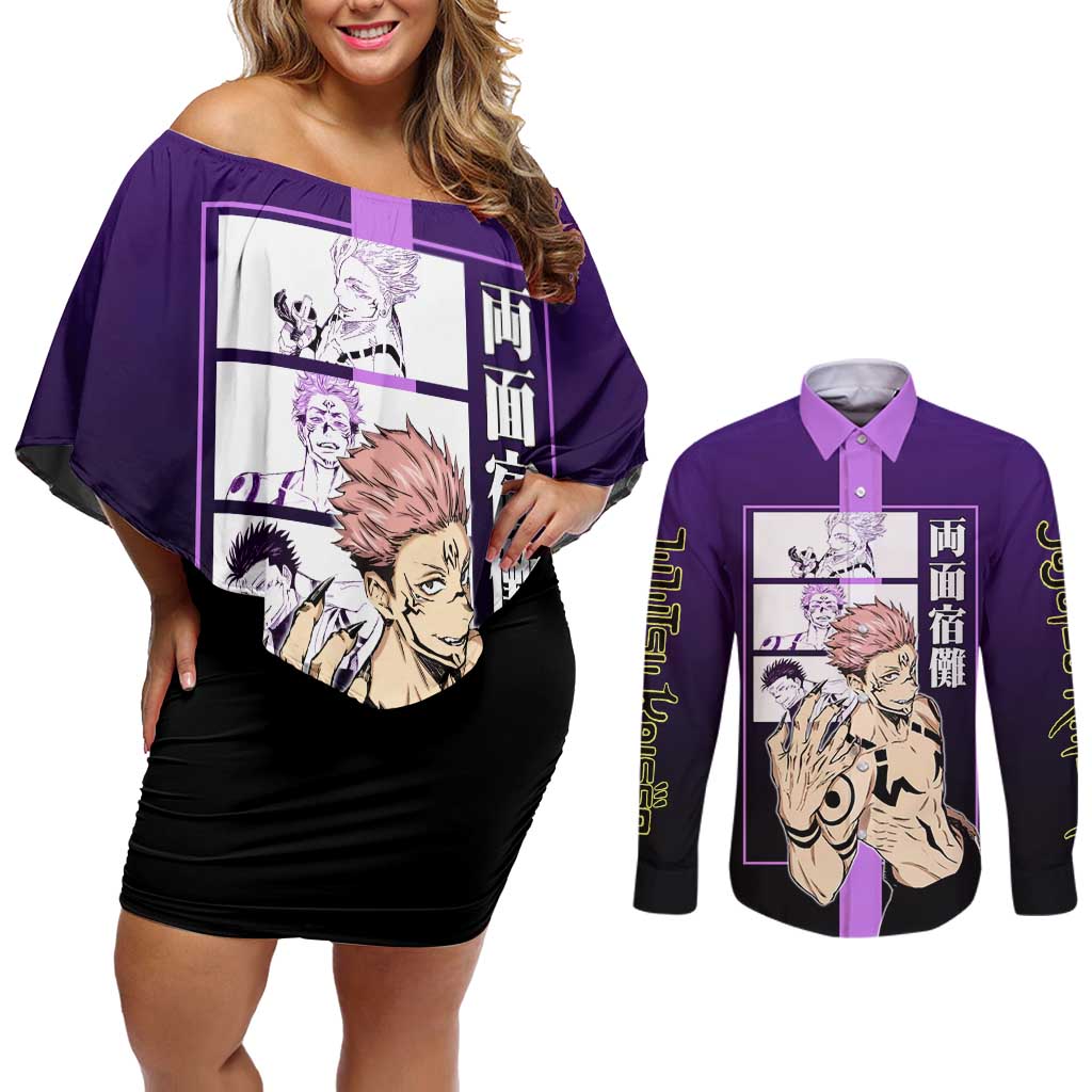 Ryomen Sukuna from Jujutsu Kaisen Couples Matching Off Shoulder Short Dress and Long Sleeve Button Shirt with Purple Background and Multiple Poses Design - The Mazicc