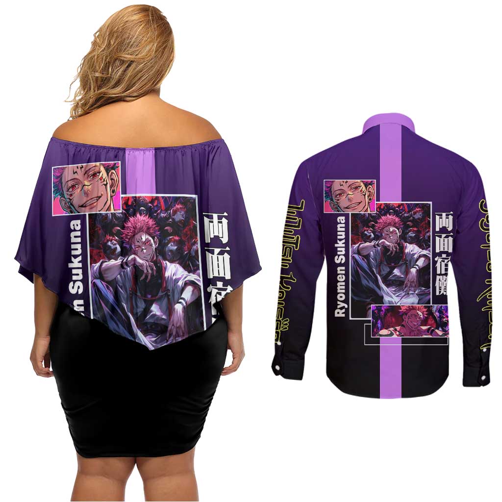 Ryomen Sukuna from Jujutsu Kaisen Couples Matching Off Shoulder Short Dress and Long Sleeve Button Shirt with Purple Background and Multiple Poses Design - The Mazicc