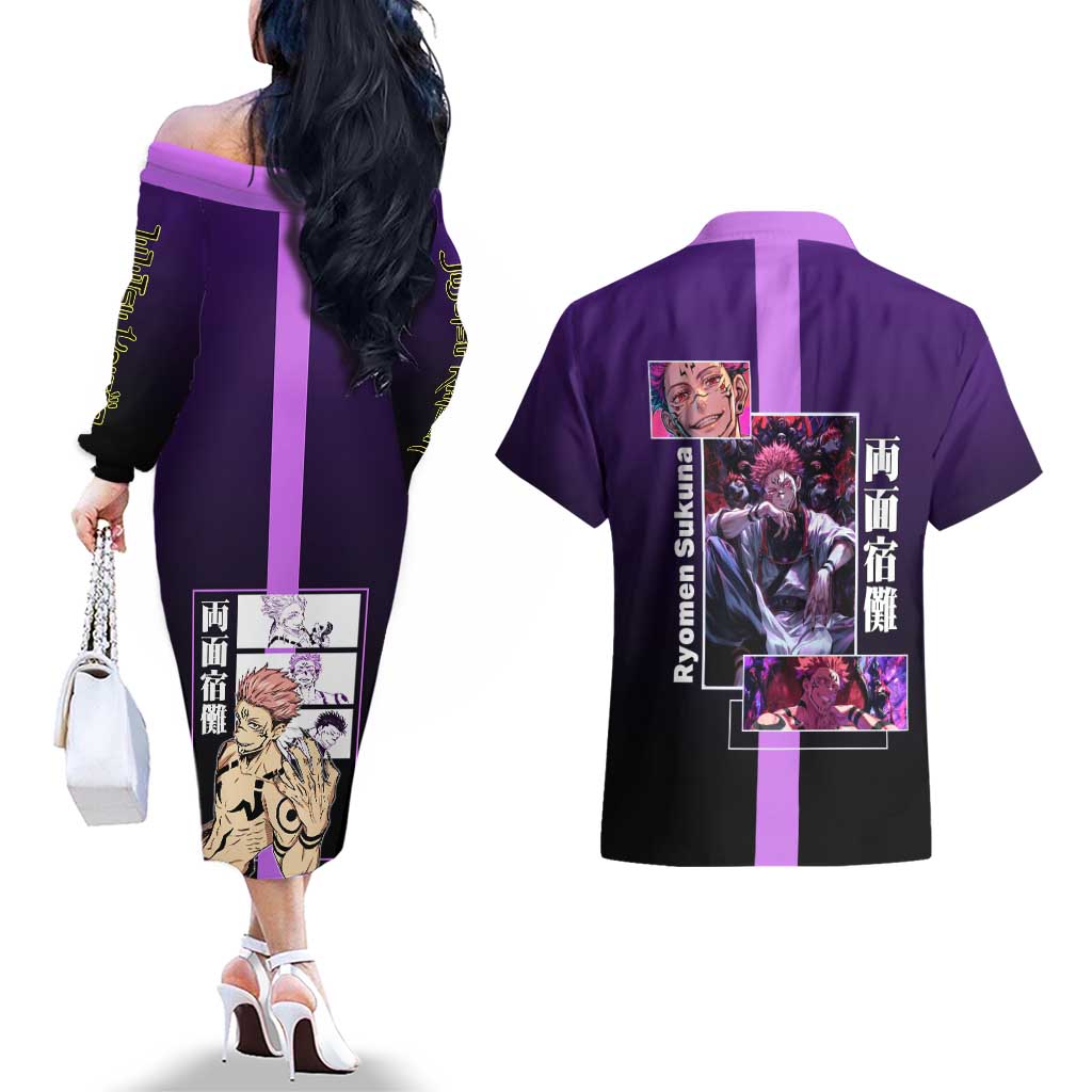 Ryomen Sukuna from Jujutsu Kaisen Couples Matching Off The Shoulder Long Sleeve Dress and Hawaiian Shirt with Purple Background and Multiple Poses Design - The Mazicc