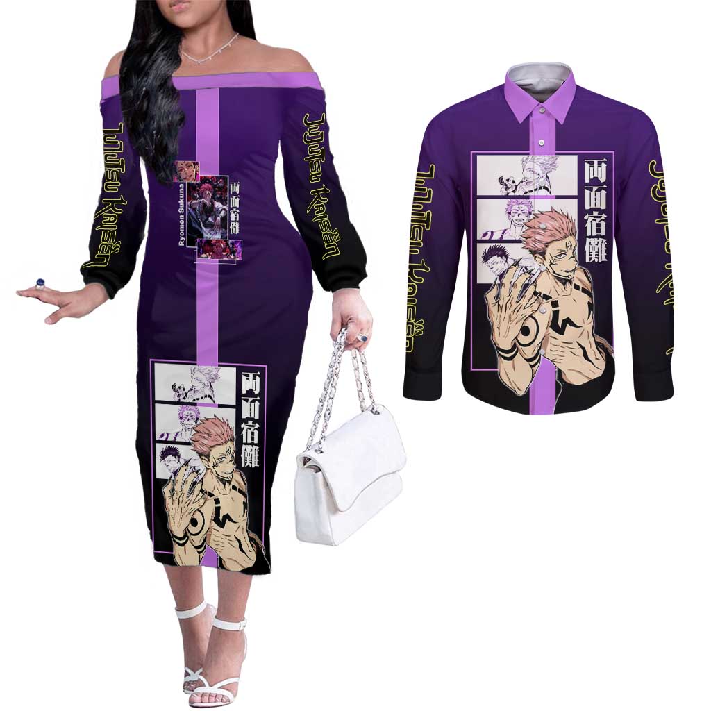 Ryomen Sukuna from Jujutsu Kaisen Couples Matching Off The Shoulder Long Sleeve Dress and Long Sleeve Button Shirt with Purple Background and Multiple Poses Design - The Mazicc