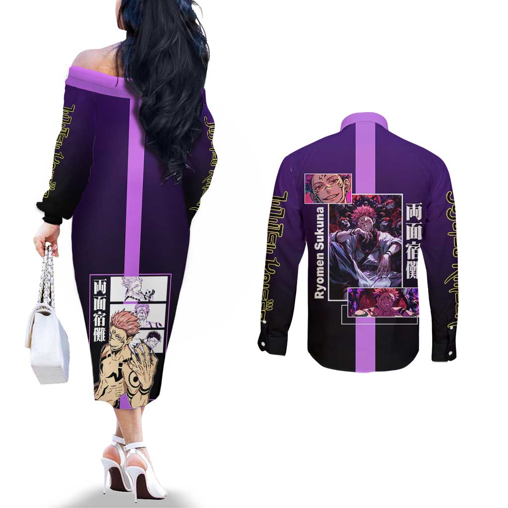 Ryomen Sukuna from Jujutsu Kaisen Couples Matching Off The Shoulder Long Sleeve Dress and Long Sleeve Button Shirt with Purple Background and Multiple Poses Design - The Mazicc