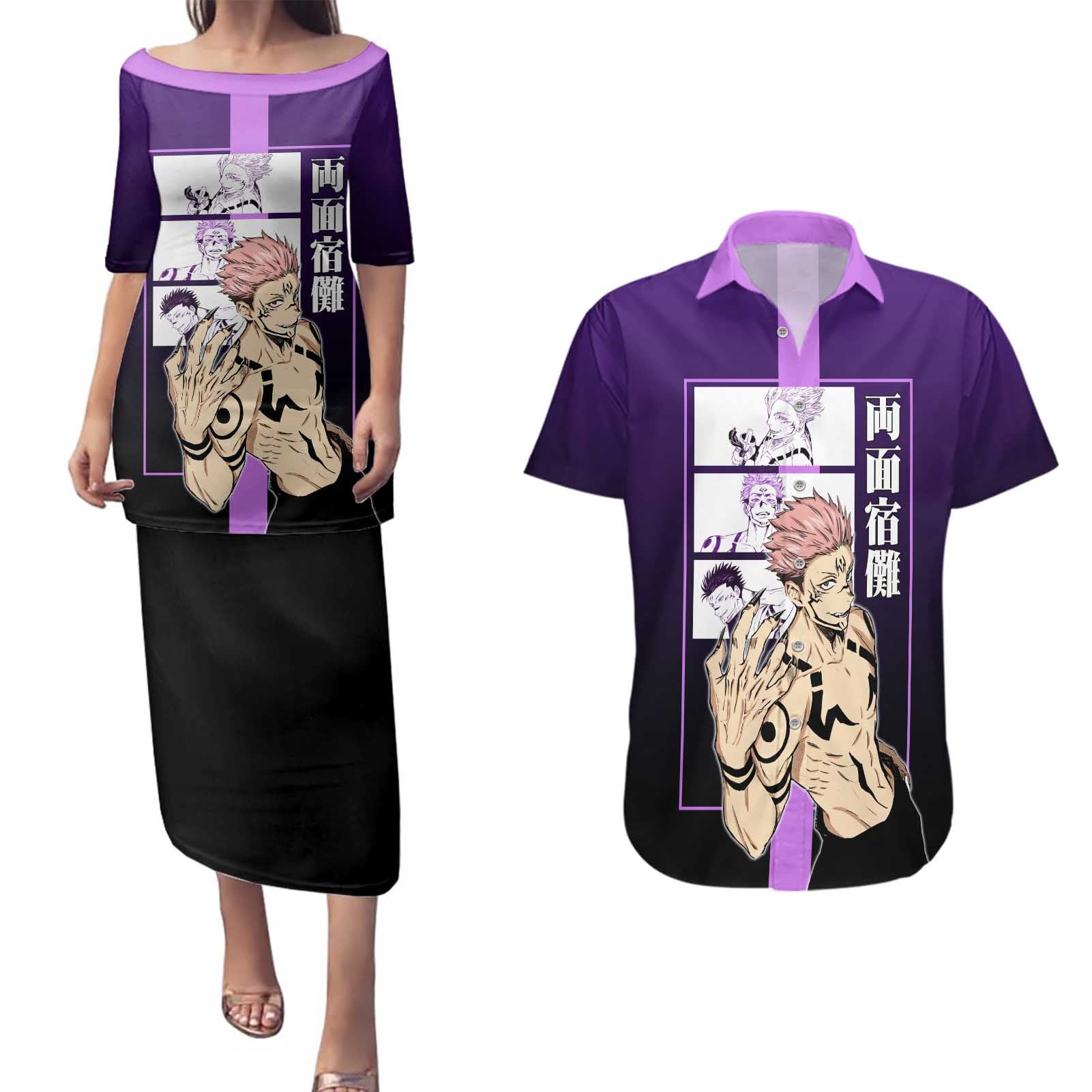 Ryomen Sukuna from Jujutsu Kaisen Couples Matching Puletasi and Hawaiian Shirt with Purple Background and Multiple Poses Design - The Mazicc