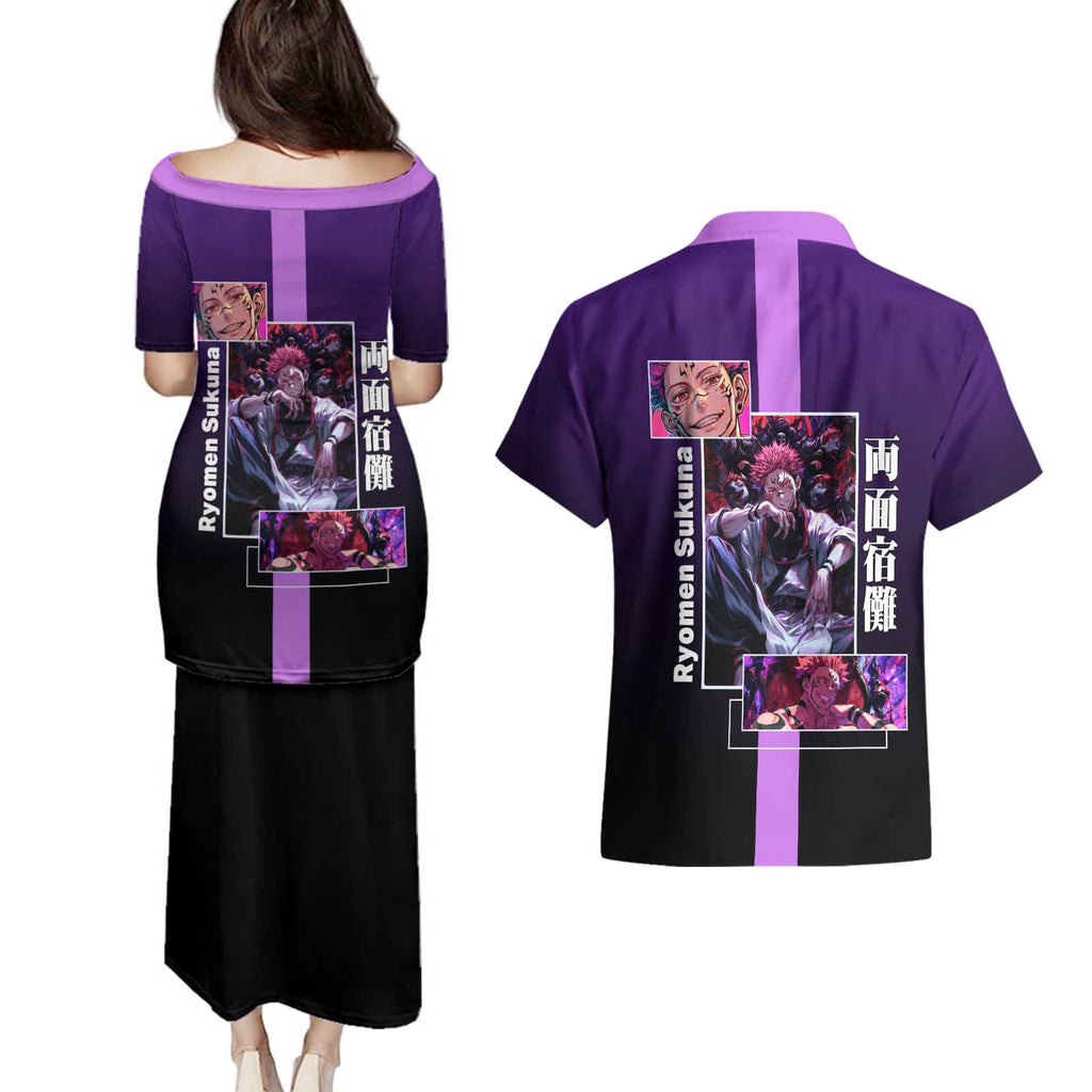 Ryomen Sukuna from Jujutsu Kaisen Couples Matching Puletasi and Hawaiian Shirt with Purple Background and Multiple Poses Design - The Mazicc