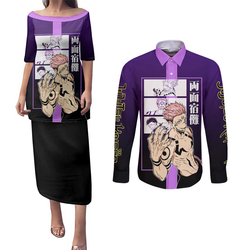 Ryomen Sukuna from Jujutsu Kaisen Couples Matching Puletasi and Long Sleeve Button Shirt with Purple Background and Multiple Poses Design - The Mazicc