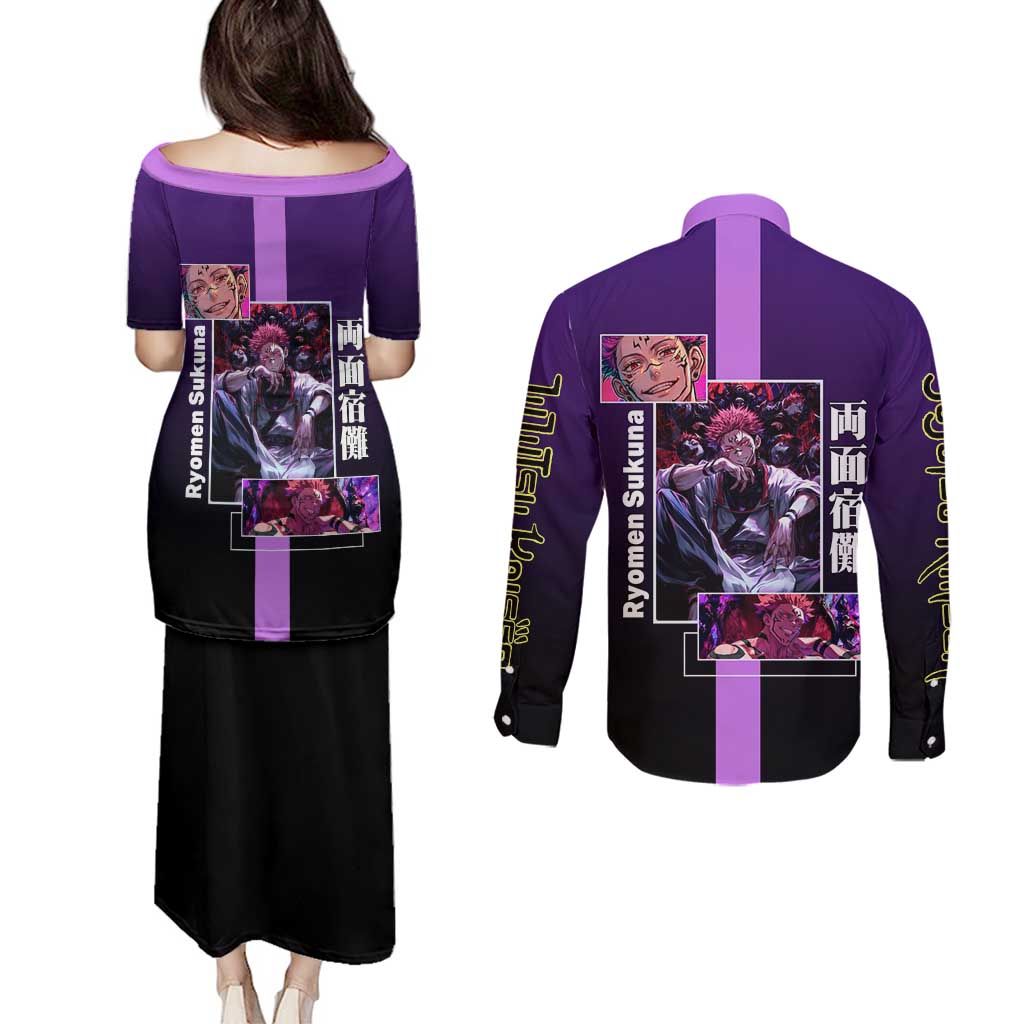 Ryomen Sukuna from Jujutsu Kaisen Couples Matching Puletasi and Long Sleeve Button Shirt with Purple Background and Multiple Poses Design - The Mazicc