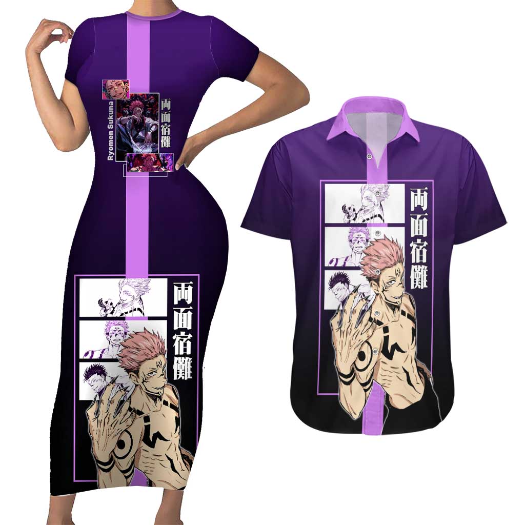 Ryomen Sukuna from Jujutsu Kaisen Couples Matching Short Sleeve Bodycon Dress and Hawaiian Shirt with Purple Background and Multiple Poses Design - The Mazicc