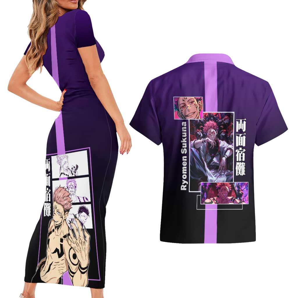 Ryomen Sukuna from Jujutsu Kaisen Couples Matching Short Sleeve Bodycon Dress and Hawaiian Shirt with Purple Background and Multiple Poses Design - The Mazicc