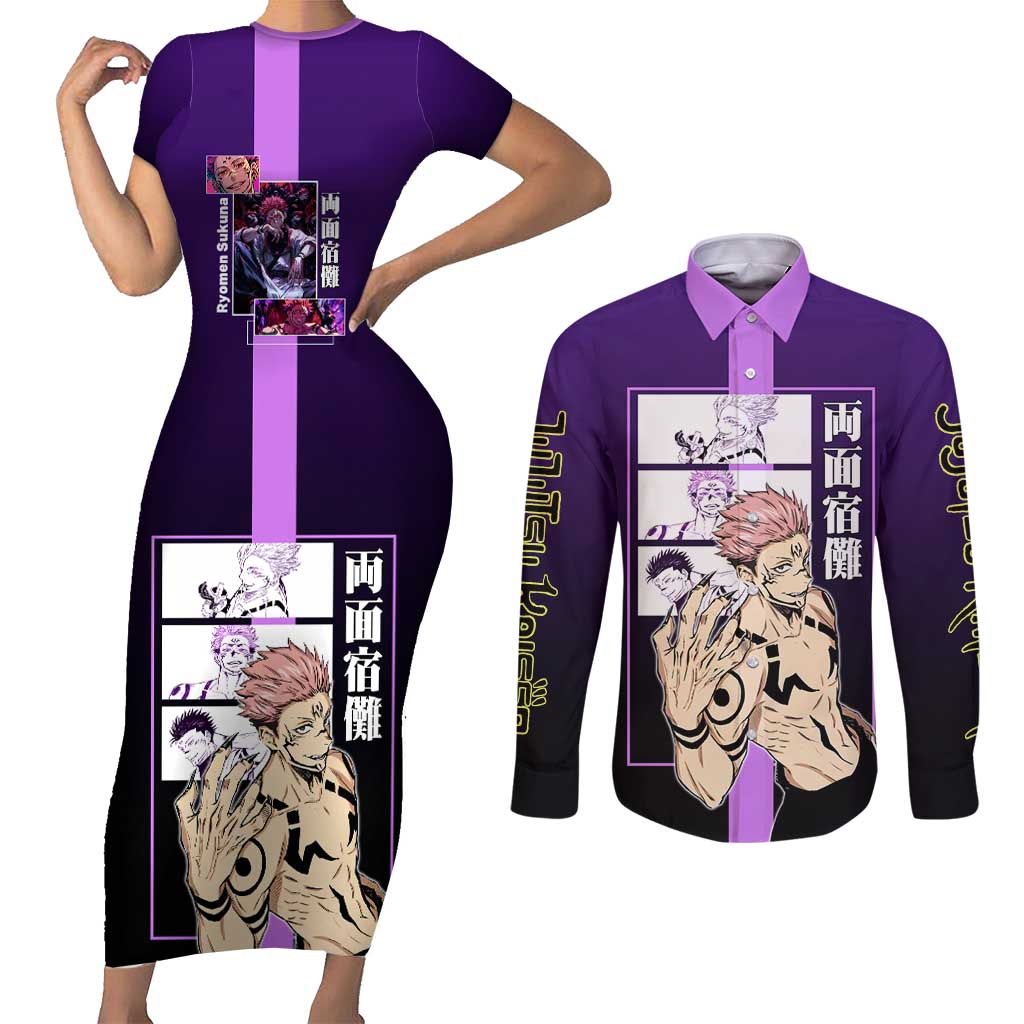 Ryomen Sukuna from Jujutsu Kaisen Couples Matching Short Sleeve Bodycon Dress and Long Sleeve Button Shirt with Purple Background and Multiple Poses Design - The Mazicc