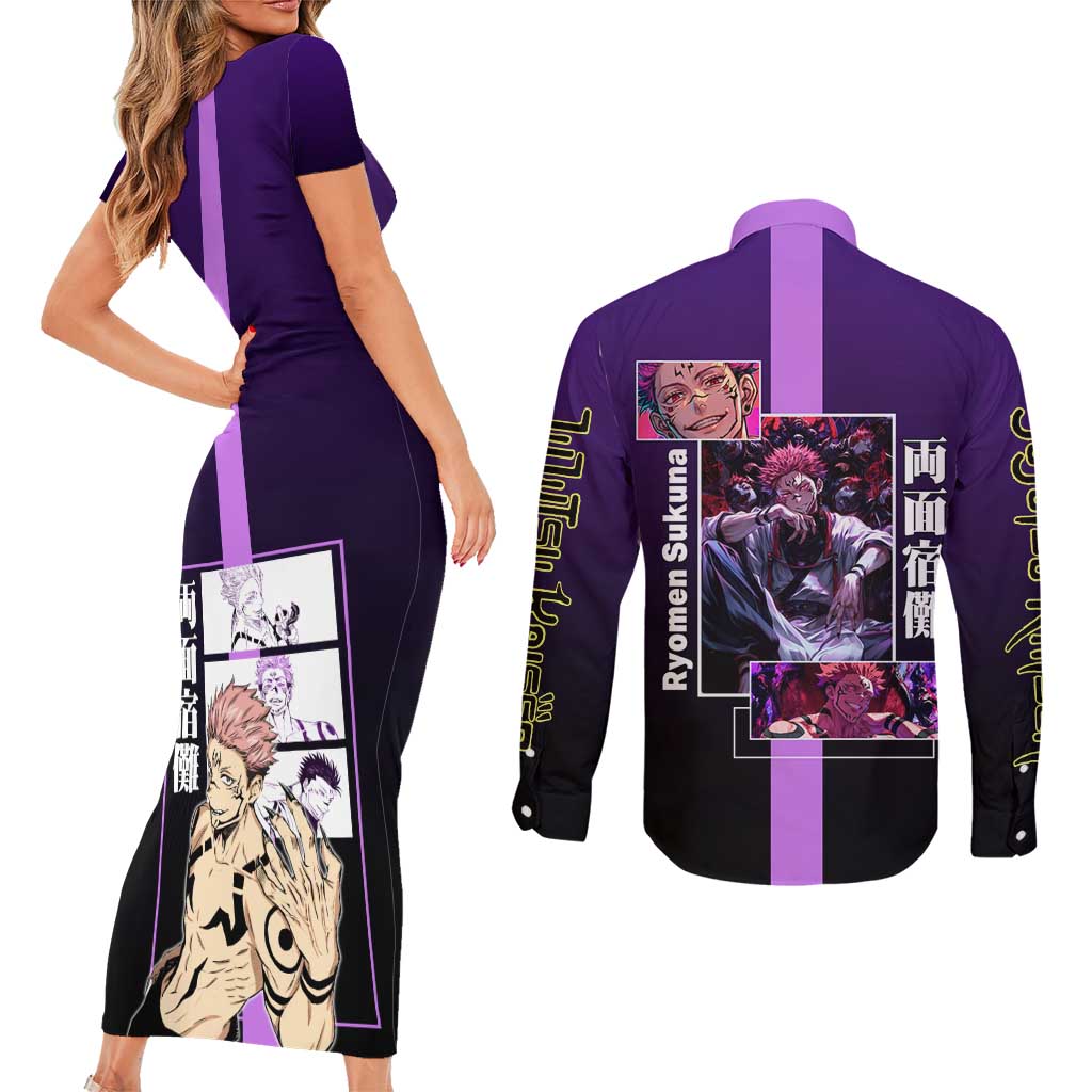Ryomen Sukuna from Jujutsu Kaisen Couples Matching Short Sleeve Bodycon Dress and Long Sleeve Button Shirt with Purple Background and Multiple Poses Design - The Mazicc