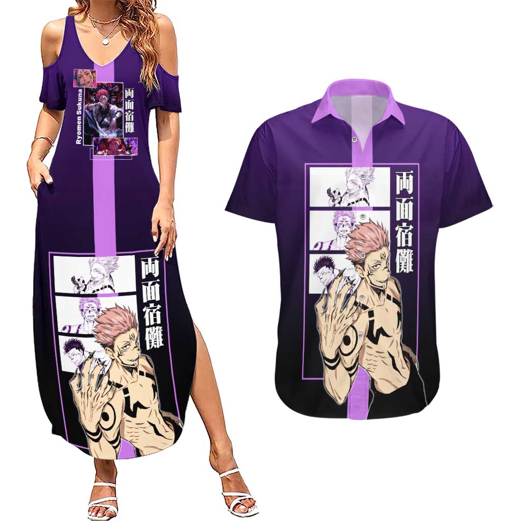 Ryomen Sukuna from Jujutsu Kaisen Couples Matching Summer Maxi Dress and Hawaiian Shirt with Purple Background and Multiple Poses Design - The Mazicc