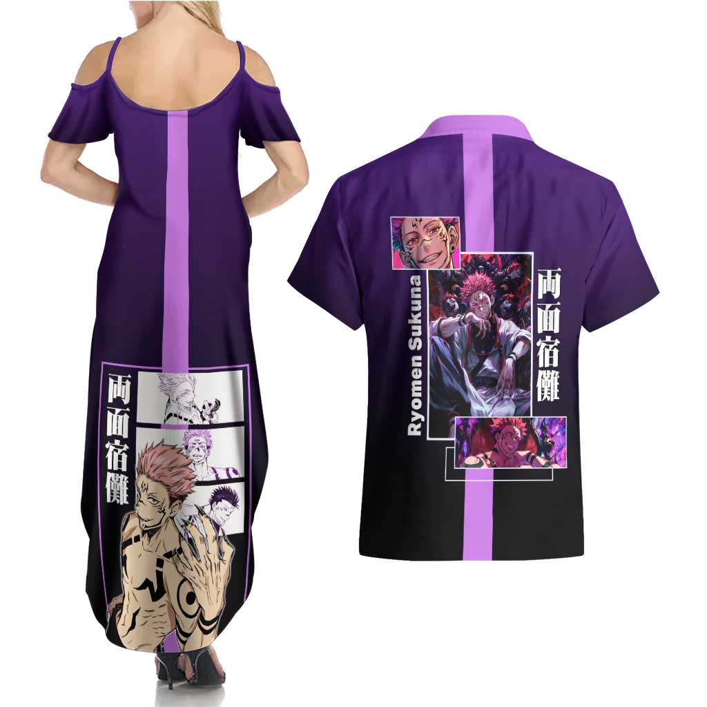 Ryomen Sukuna from Jujutsu Kaisen Couples Matching Summer Maxi Dress and Hawaiian Shirt with Purple Background and Multiple Poses Design - The Mazicc