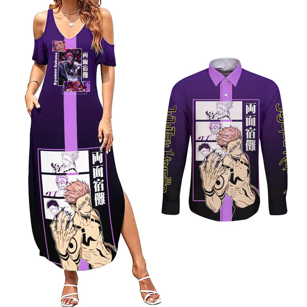 Ryomen Sukuna from Jujutsu Kaisen Couples Matching Summer Maxi Dress and Long Sleeve Button Shirt with Purple Background and Multiple Poses Design - The Mazicc