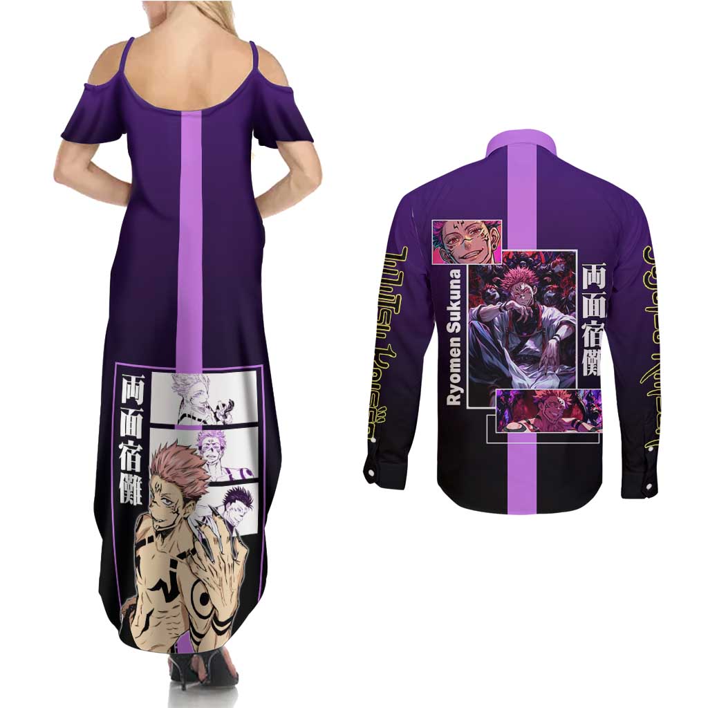 Ryomen Sukuna from Jujutsu Kaisen Couples Matching Summer Maxi Dress and Long Sleeve Button Shirt with Purple Background and Multiple Poses Design - The Mazicc