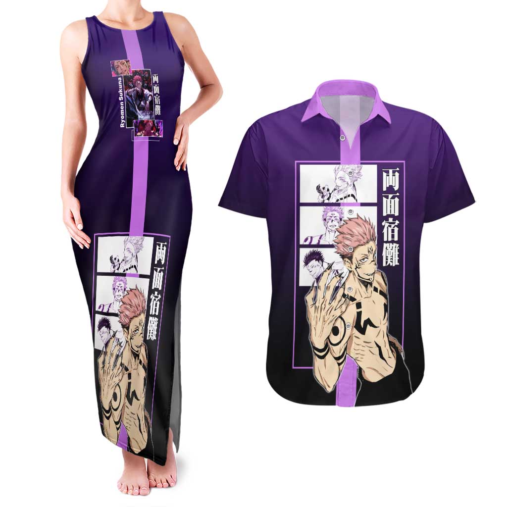 Ryomen Sukuna from Jujutsu Kaisen Couples Matching Tank Maxi Dress and Hawaiian Shirt with Purple Background and Multiple Poses Design - The Mazicc